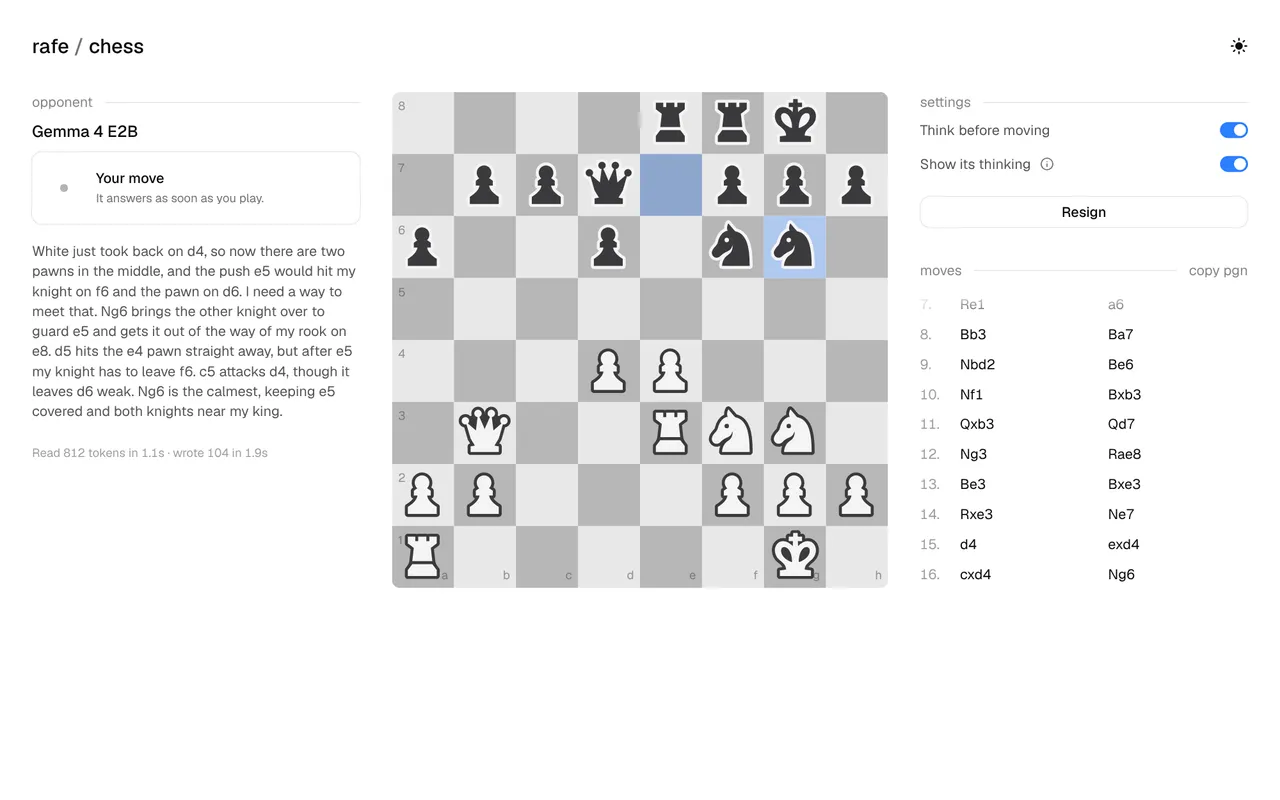 A game of chess in progress against Gemma 4 E2B, with its thinking beside the board and the move list on the right
