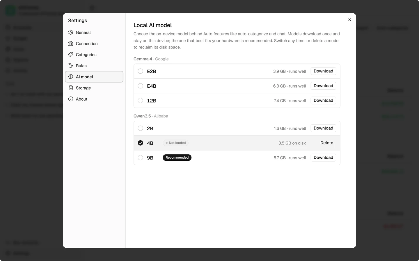 The model picker in settings, listing Gemma 4 E2B, E4B and 12B and Qwen3.5 2B, 4B and 9B with download sizes, and 9B marked Recommended